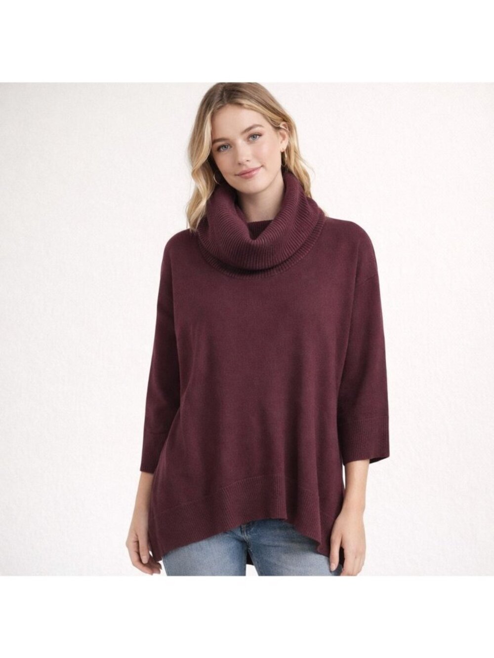 Cable Guage Sweater Womens L Maroon Burgundy Cowl Neck Pullover Knit Casual Fit
